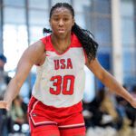 Center Aliyah Boston looks across the court during a USA Basketball training camp practice.