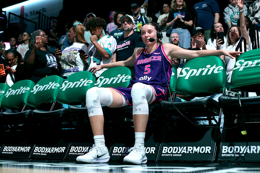 Paige Bueckers #5 of the Breeze is interviewed after defeating the Rose during the Playoffs First Round game of the Unrivaled 2026 at Sephora Arena on February 28, 2026 in Medley, Florida.
