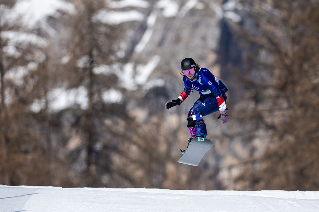 Brenna Huckaby of Team USA snowboards ahead of the 2026 Winter Paralympics, where men and women train for Para Snowboard Cross at Cortina Para Snowboard Park in Cortina D'Ampezzo, Italy, on March 6, 2026. 