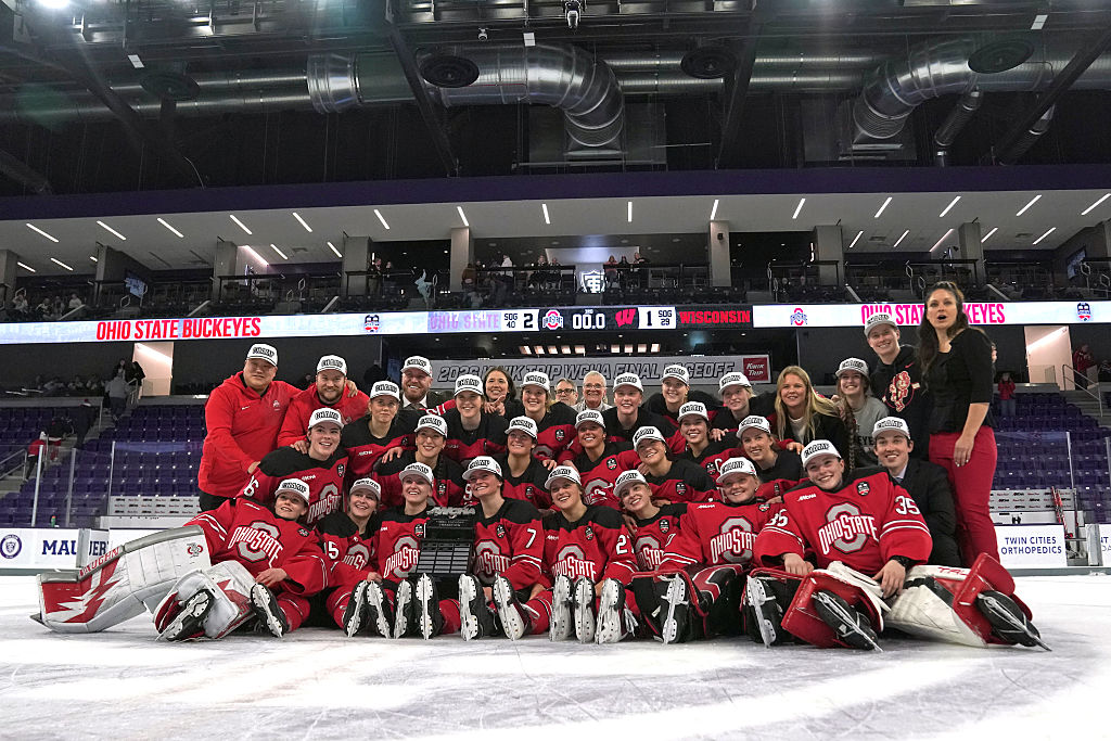 The Ohio State Buckeyes pose with the championship trophy after the WCHA Final Faceoff between the Ohio State Buckeyes and Wisconsin Badgers on March 7, 2026, at Lee & Penny Anderson Arena in Saint Paul, MN.