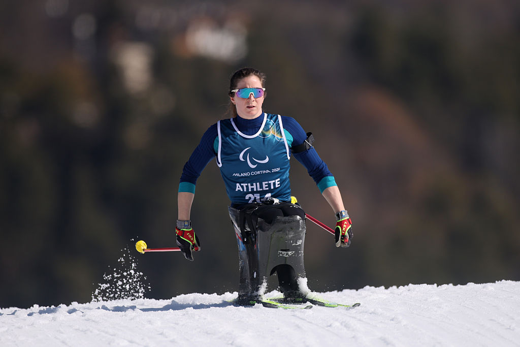 Kendall Gretsch of Team United States participates in a training session ahead of the Milano Cortina 2026 Winter Paralympics Games at Tesero Cross-Country Skiing Stadium on March 05, 2026 in Val di Fiemme, Italy. 