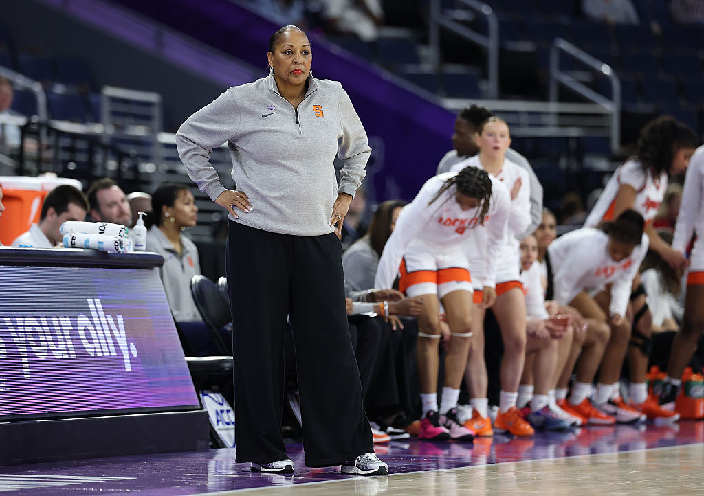 Ahead of her Women's March Madness appearance against UConn women's basketball, head coach Felisha Legette-Jack of the Syracuse Orange looks on against the California Golden Bears during the first quarter of the second round of the Women's ACC Tournament between the California Golden Bears and Syracuse Orange at Gas South Arena on March 05, 2026 in Duluth, Georgia.