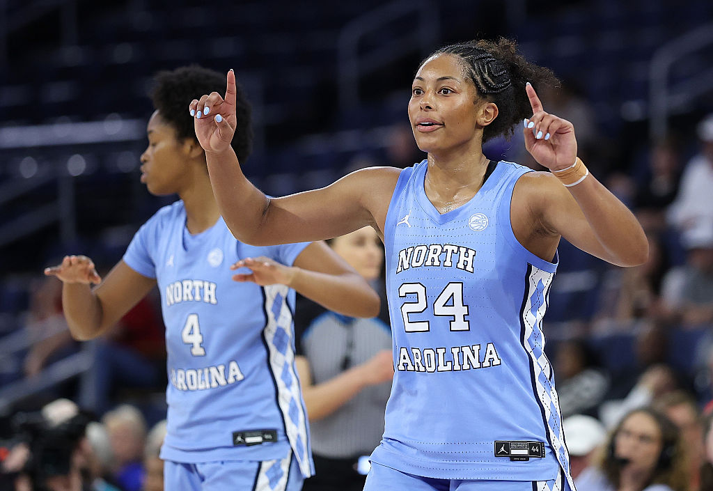 Indya Nivar #24 of the UNC North Carolina Tar Heels reacts against the Louisville Cardinals during the fourth quarter of the semifinals of the Women's ACC Tournament between the Louisville Cardinals and North Carolina Tar Heels at Gas South Arena on March 07, 2026 in Duluth, Georgia.