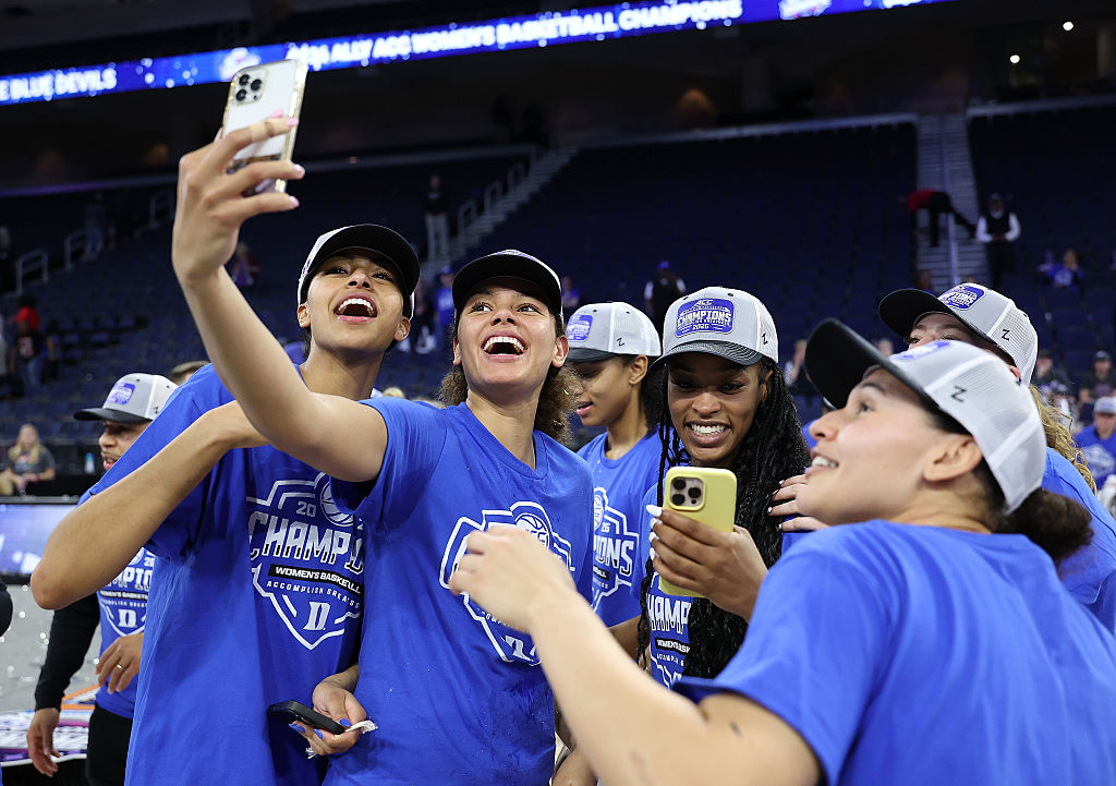 The Duke Blue Devils celebrate winning the Women's ACC Championship over the Louisville Cardinals at Gas South Arena on March 08, 2026 in Duluth, Georgia.