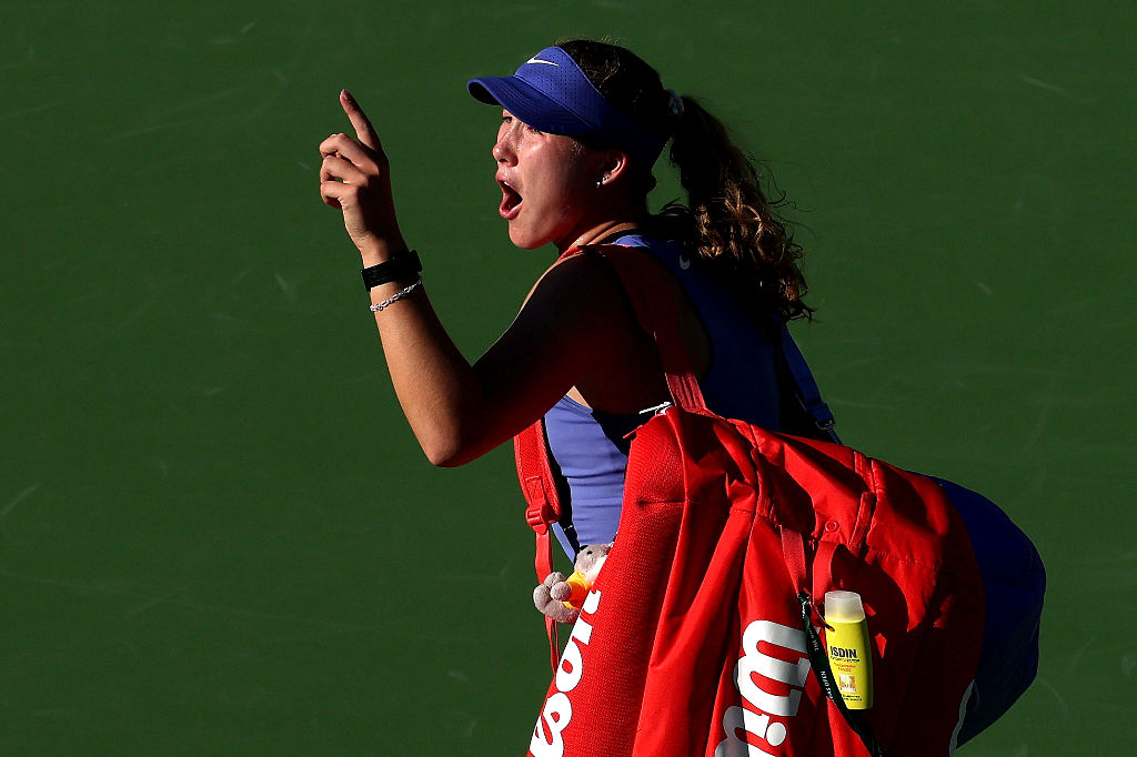 Mirra Andreeva reacts to the crowd as she leaves the court after her loss to Katerina Siniakova of Czechia during Day 6 of the BNP Paribas Open at the Indian Wells Tennis Garden on March 09, 2026 in Indian Wells, California.