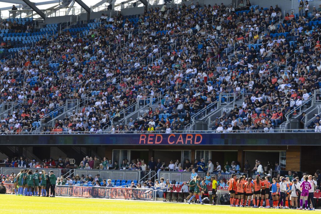 Denver defender Janine Sonis exits the pitch after the Summit captain earned a red card in the 2026 NWSL expansion club's debut match.