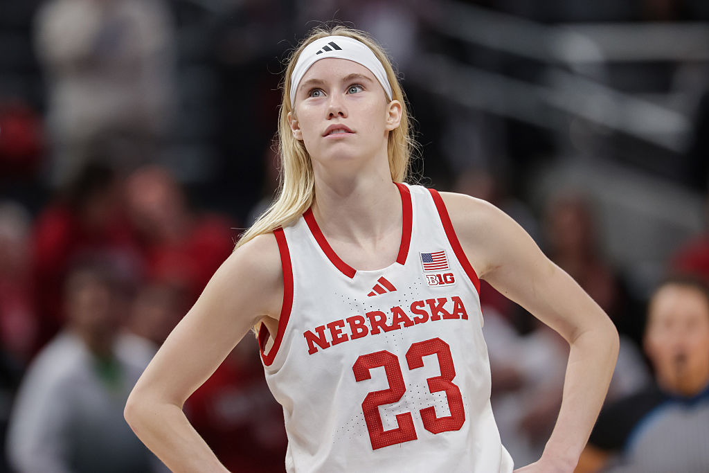 Britt Prince #23 of the Nebraska Cornhuskers looks up during the game against the Indiana Hoosiers the first round of the Big Ten Women's Basketball Tournament at Gainbridge Fieldhouse on March 4, 2026 in Indianapolis, Indiana.