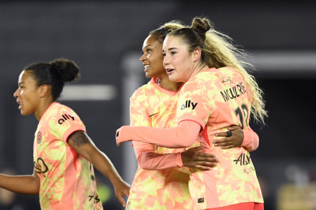 Portland Thorns midfielder Olivia Moultrie celebrates her goal with teammates during the 2026 NWSL season opener.