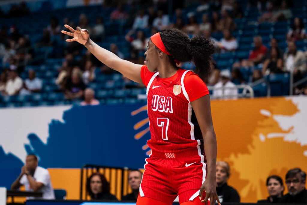 Team USA guard Kahleah Copper celebrates her three-pointer during a 2026 FIBA World Cup Qualifying Tournament game.