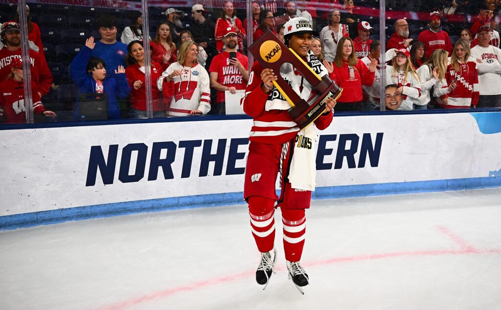 Laila Edwards #10 of the Wisconsin Badgers celebrates after defeating the Ohio State Buckeyes 3-2 during the NCAA Women's Ice Hockey Championship game held at Pegula Ice Arena on March 22, 2026 in State College, Pennsylvania.