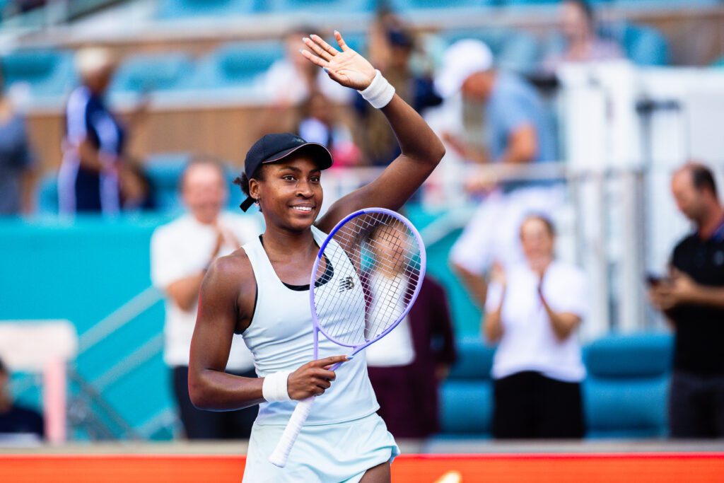 Coco Gauff of the United States waves to the crowd after defeating Sorana Cirstea of Romania during their match on Day 7 of the Miami Open at Hard Rock Stadium in Miami Gardens, Florida, on March 23, 2026.