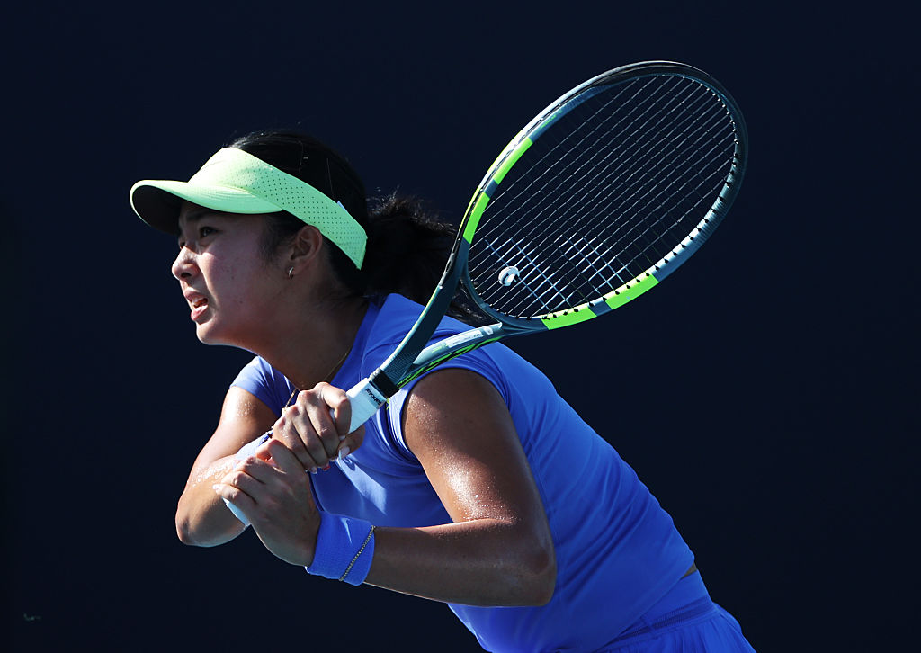 Ahead of her match with Muchova, Alexandra Eala of the Philippines returns a shot against Magda Linette of Poland during Day 5 of the Miami Open at Hard Rock Stadium on March 21, 2026 in Miami Gardens, Florida.