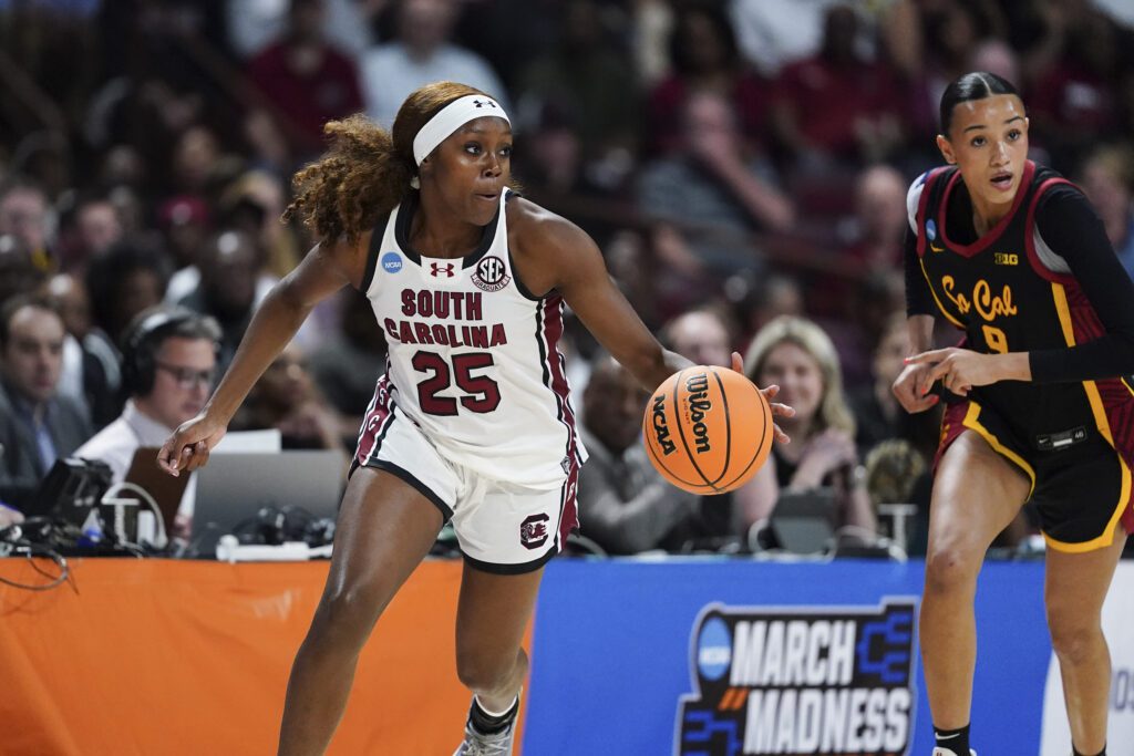 South Carolina guard Raven Johnson dribbles the ball as USC guard Jazzy Davidson gives chase during their second-round game in the 2025/26 NCAA women's basketball tournament.