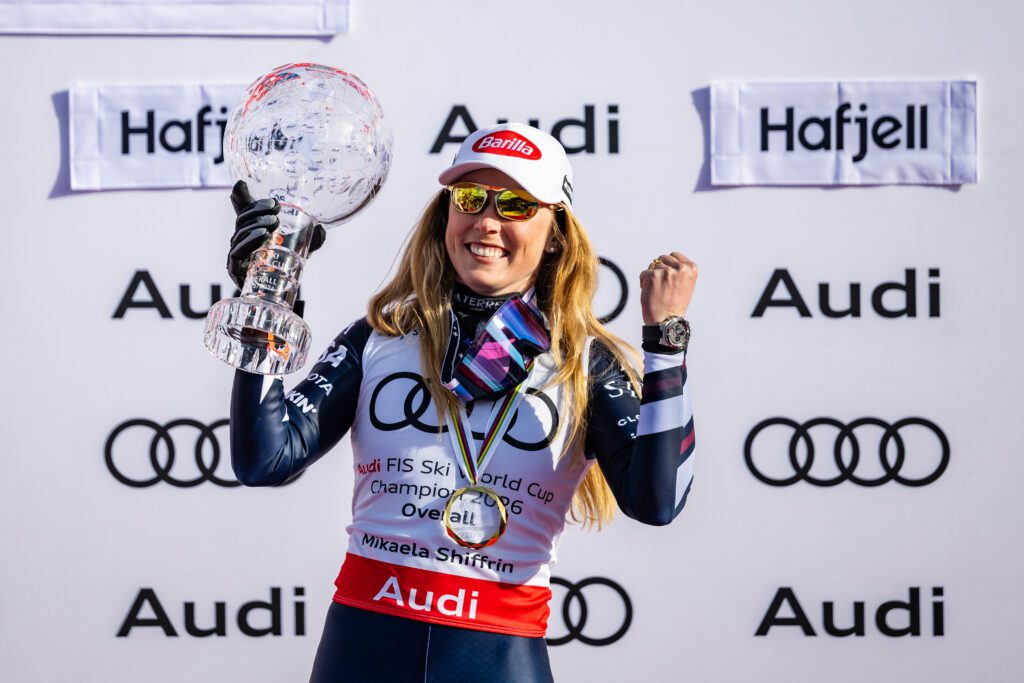 Winner Mikaela Shiffrin of United States with the trophy during the award ceremony for the world cup Overall score after the women’s giant slalom at the Audi FIS Alpine Ski World Cup at Hafjell Alpine Center on March 25, 2026 in Lillehammer, Norway.