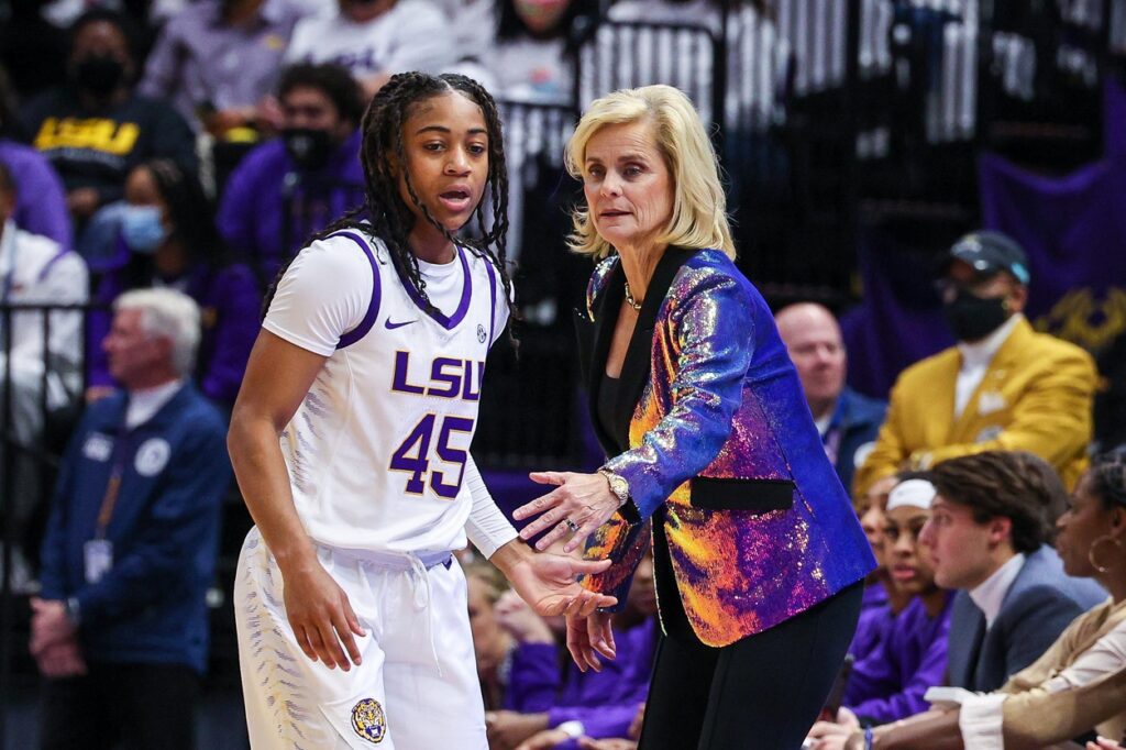 March Madness LSU Lady Tigers head coach Kim Mulkey talks to guard Alexis Morris (45) during a time out against the South Carolina Gamecocks during the first half  at the Pete Maravich Assembly Center. 