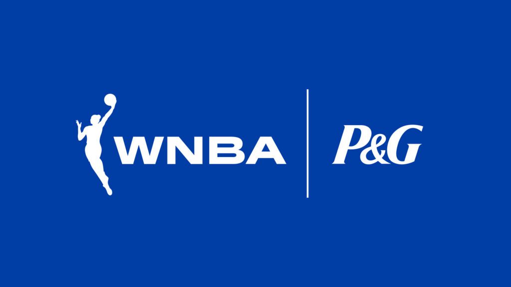 Blue and white WNBA x P&G partnership logo