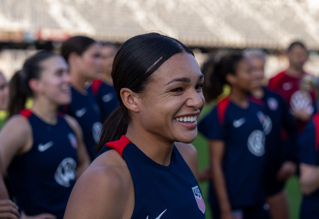 Sophia Smith of the United States smiles during USWNT training at Lynn Family Stadium on October 29, 2024 in Louisville, Kentucky.