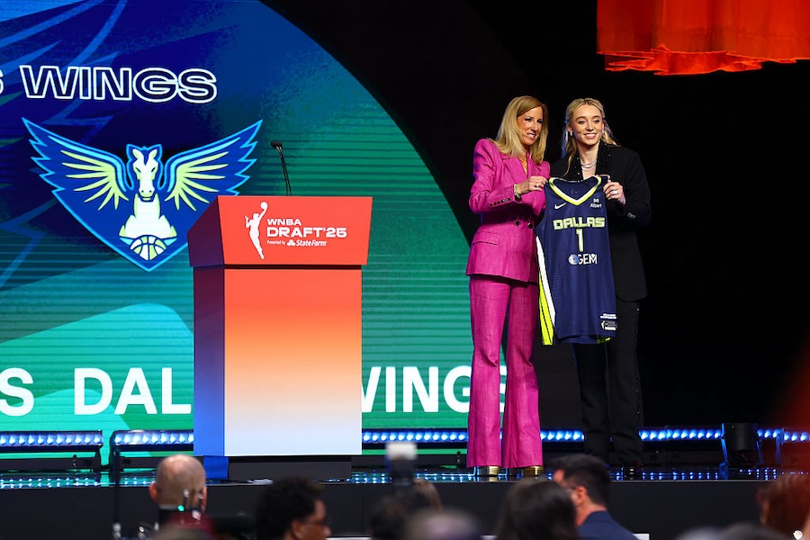 Cathy Engelbert and Paige Bueckers pose for a photo after being drafted by the Dallas Wings during the 2025 WNBA Draft on April 14, 2025 at the Shed in New York City, New York.