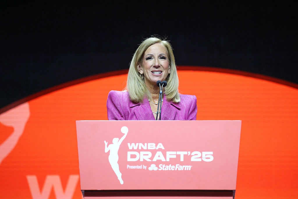 WNBA Commissionner Cathy Engelbert speaks during the 2025 WNBA Draft on April 14, 2025 at The Shed in New York, New York.