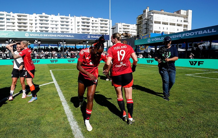 Melvine Malard and Elisabeth Terland of Manchester United celebrate victory following the World Sevens Football W7F Semi Final match between Manchester City and Manchester United.