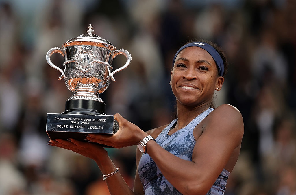Coco Gauff of United States with the Coupe Suzanne Lenglen trophy after her victory over Aryna Sabalenka in the Women’s Singles Final match on Day Fourteen of the 2025 French Open at Roland Garros on June 07, 2025 in Paris, France.