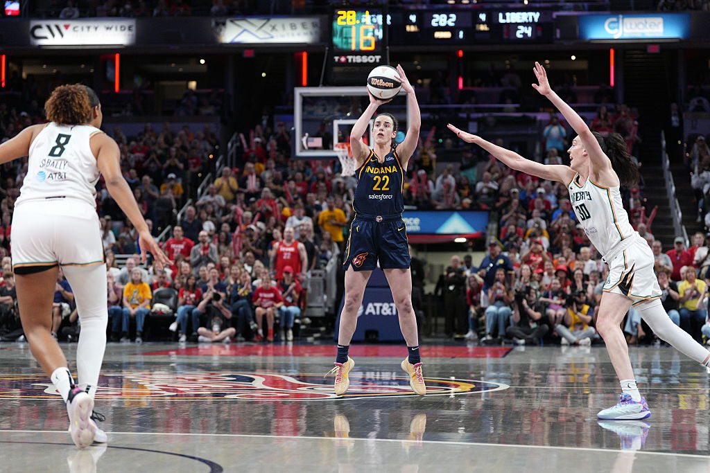 WNBA preseason star Caitlin Clark #22 of the Indiana Fever shoots the ball during the game against the New York Liberty during a 2025 Commissioner's Cup game on June 14, 2025 at Gainbridge Fieldhouse in Indianapolis, Indiana.
