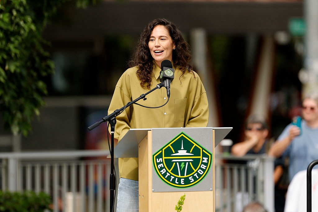 Basketball Hall of Famer Sue Bird speaks during the Sue Bird Statue Unveiling ceremony at Climate Pledge Arena on August 17, 2025 in Seattle, Washington.