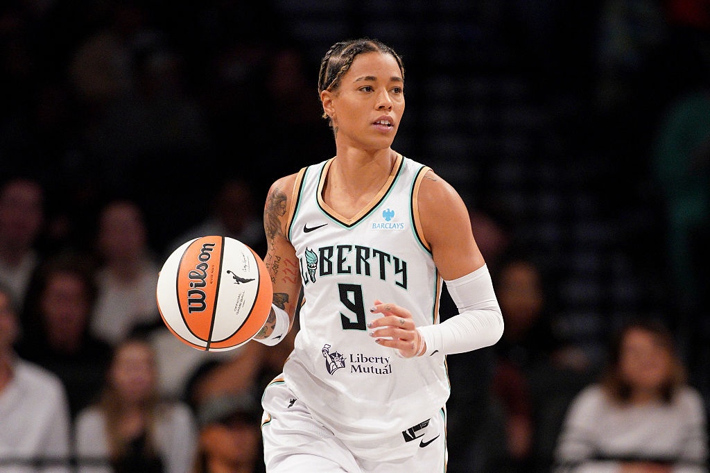 WNBA free agency subject Natasha Cloud #9 of the New York Liberty dribbles the ball against the Chicago Sky during the first half at Barclays Center on August 21, 2025 in New York City.