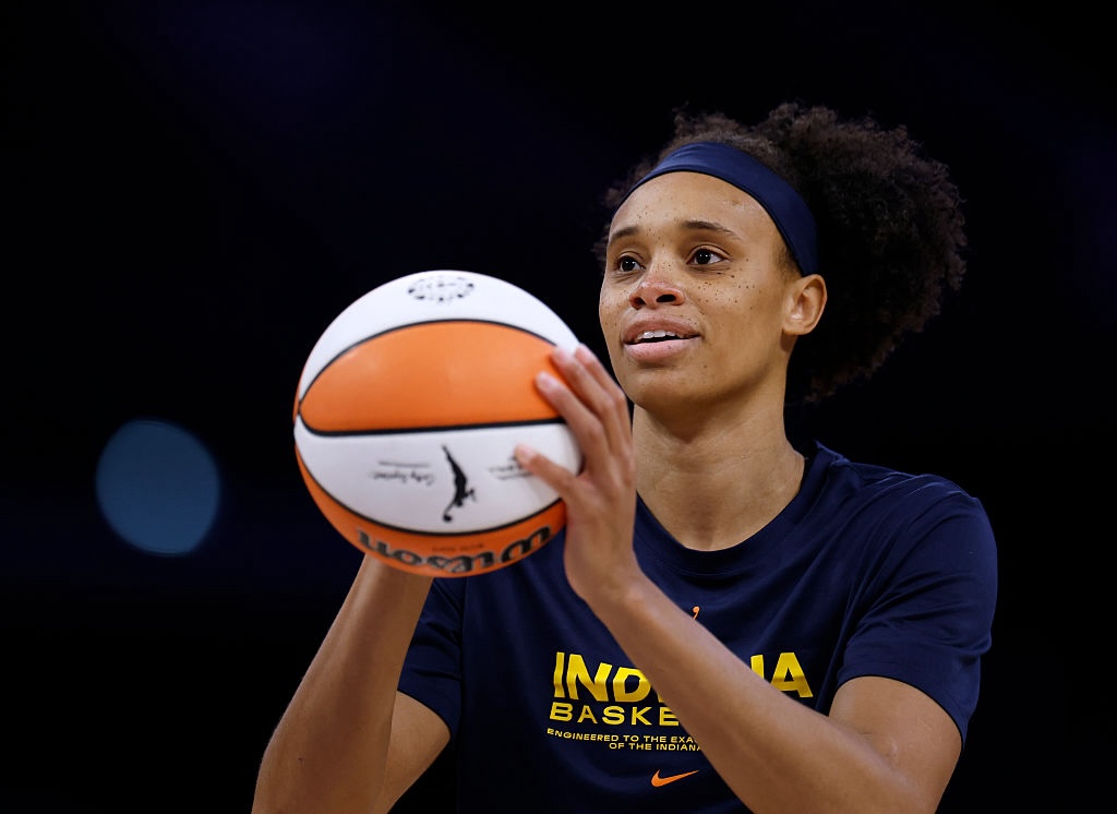 Brianna Turner #11 of the Indiana Fever warms up during warm up before the game against the Los Angeles Sparks at Crypto.com Arena on August 29, 2025 in Los Angeles, California.
