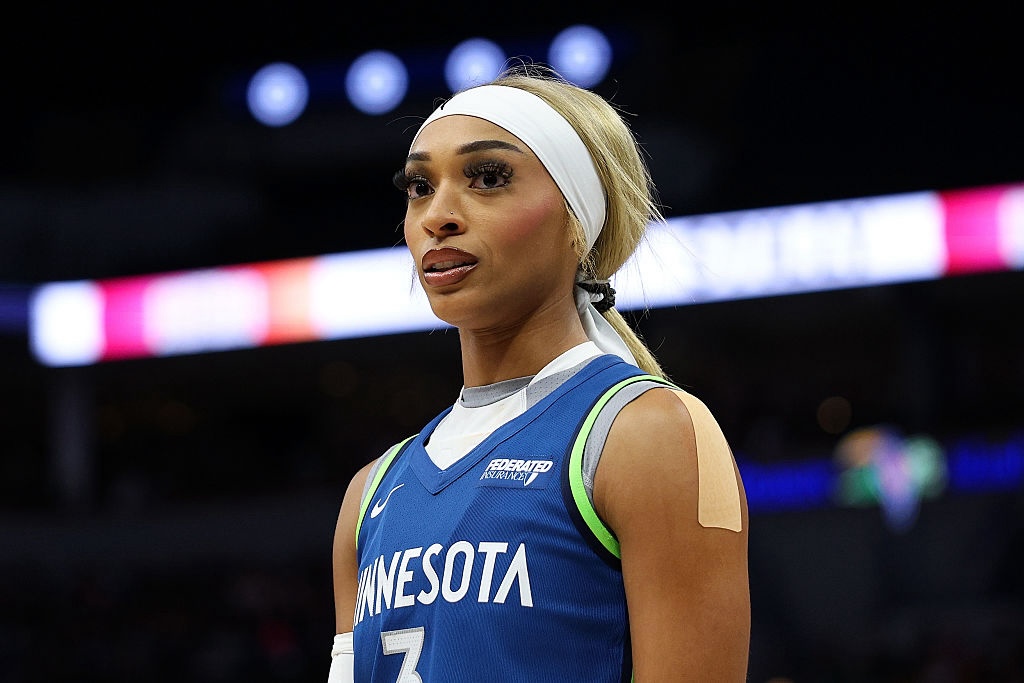 WNBA injury subject DiJonai Carrington #3 of the Minnesota Lynx looks on against the Seattle Storm in the first quarter at Target Center on August 28, 2025 in Minneapolis, Minnesota. The Storm defeated the Lynx 93-79.
