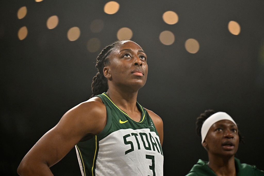 Nneka Ogwumike #3 of the Seattle Storm looks on before the game against the Las Vegas Aces during round 1 game 3 on September 18, 2025 at Michelob ULTRA Arena in Las Vegas, Nevada.