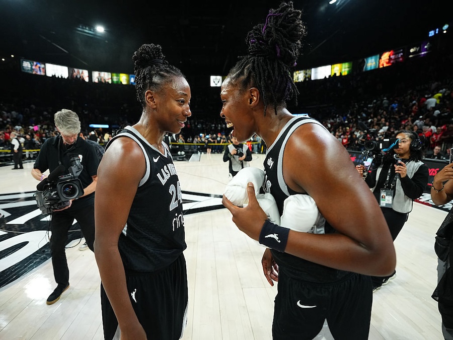 Jewell Loyd #24 and Chelsea Gray #12 of the Las Vegas Aces smiles after the game against the Seattle Storm on September 18, 2025 at Michelob ULTRA Arena n Las Vegas, Nevada.