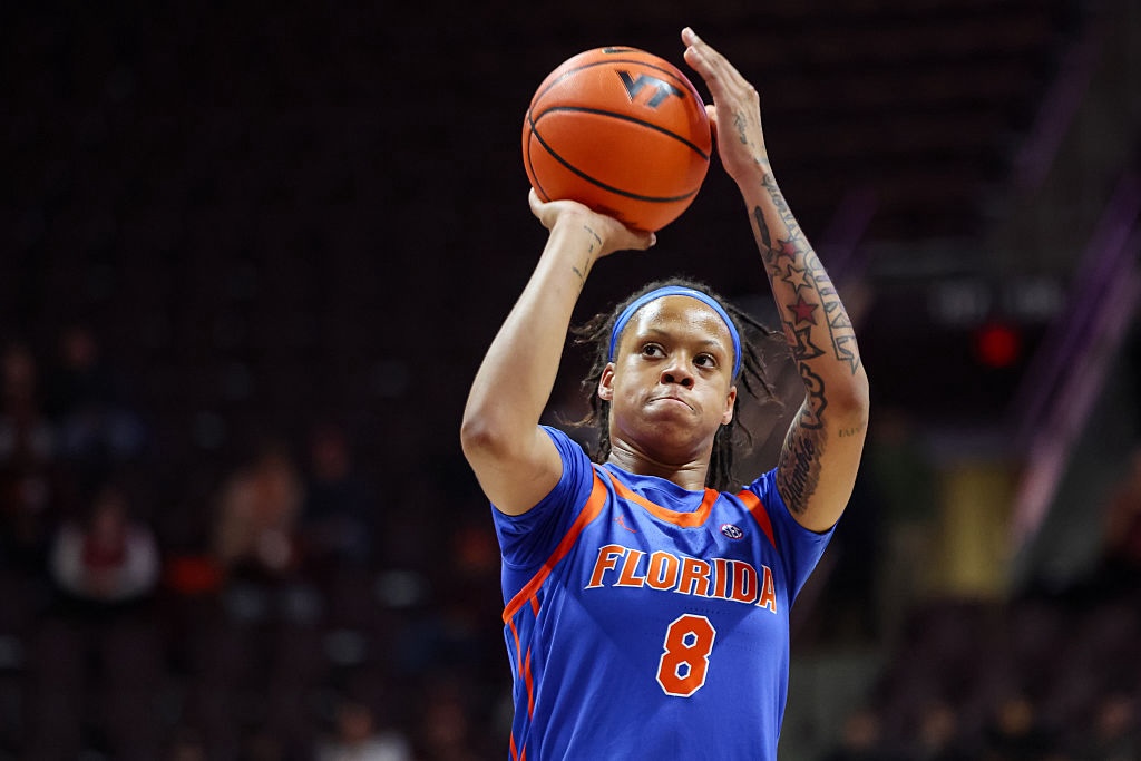 NCAA transfer portal player and daughter of NBA legend Shaq Me'Arah O'Neal #8 of the Florida Gators shoots a free throw against the Virginia Tech Hokies in the second half during a game at Cassell Coliseum on December 4, 2025 in Blacksburg, Virginia.