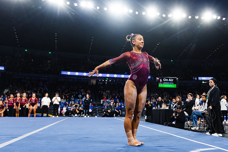 Addison Fatta of the Oklahoma Sooners performs her floor routine during the meet against the Kentucky Wildcats at Memorial Coliseum on January 30, 2026 in Lexington, Kentucky.