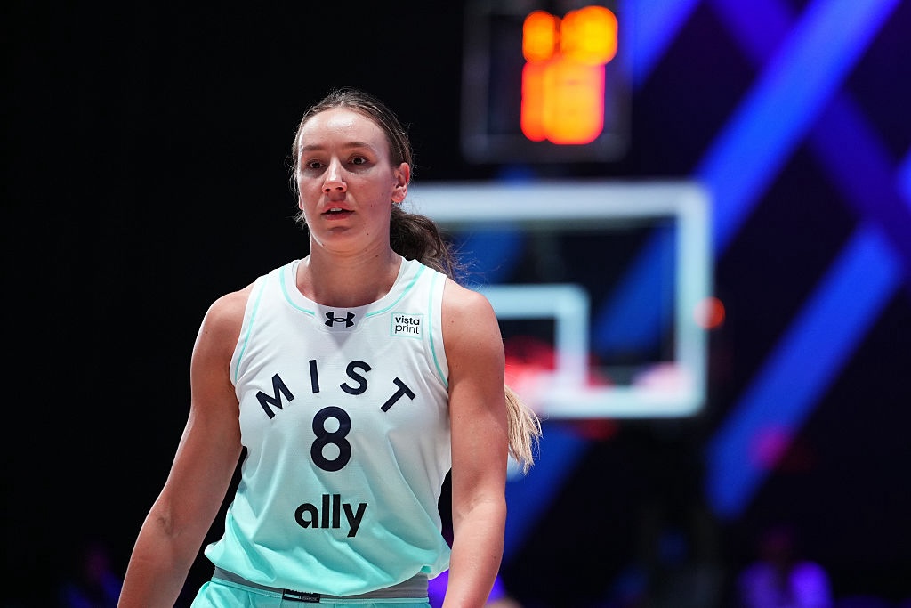 Project B commit Alanna Smith #8 of the Mist looks on against the Hive during the first quarter of an Unrivaled 2026 game at Sephora Arena on January 31, 2026 in Medley, Florida.