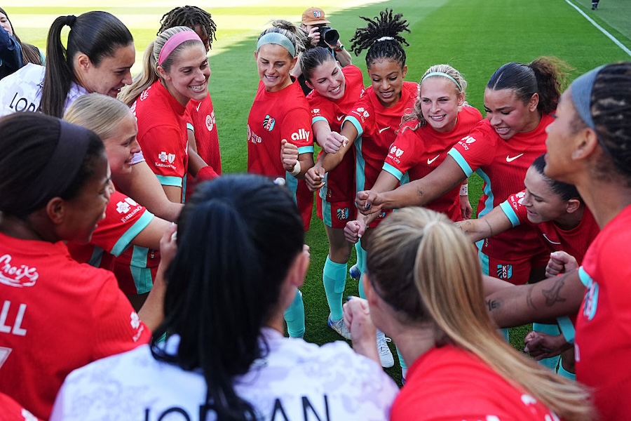 Players of Kansas City Current huddle prior to the NWSL match between Kansas City Current and Utah Royals at CPKC Stadium on March 14, 2026 in Kansas City, Missouri.