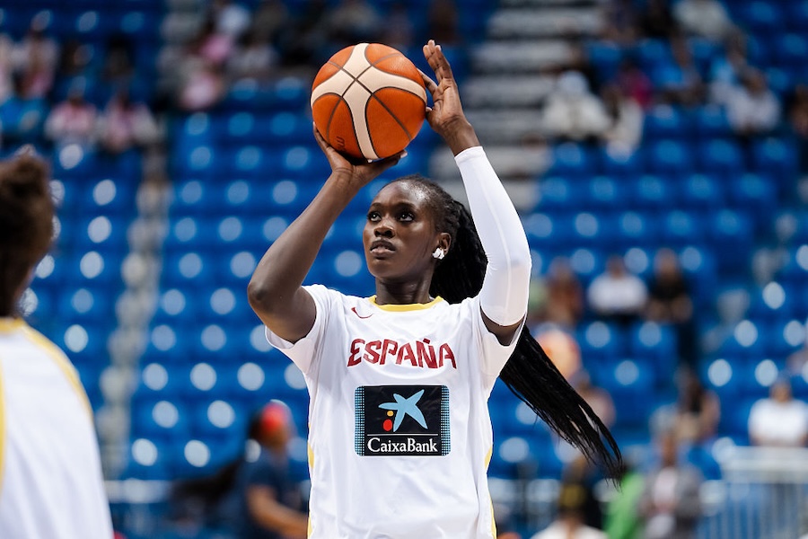 WNBA mock draft No. 1 pick Awa Fam of Spain warms up during the Women's World Cup 2026 Qualifier between Spain and USA at the Coliseo de Puerto Rico José Miguel Agrelot on March 17, 2026 in San Juan, Puerto Rico.