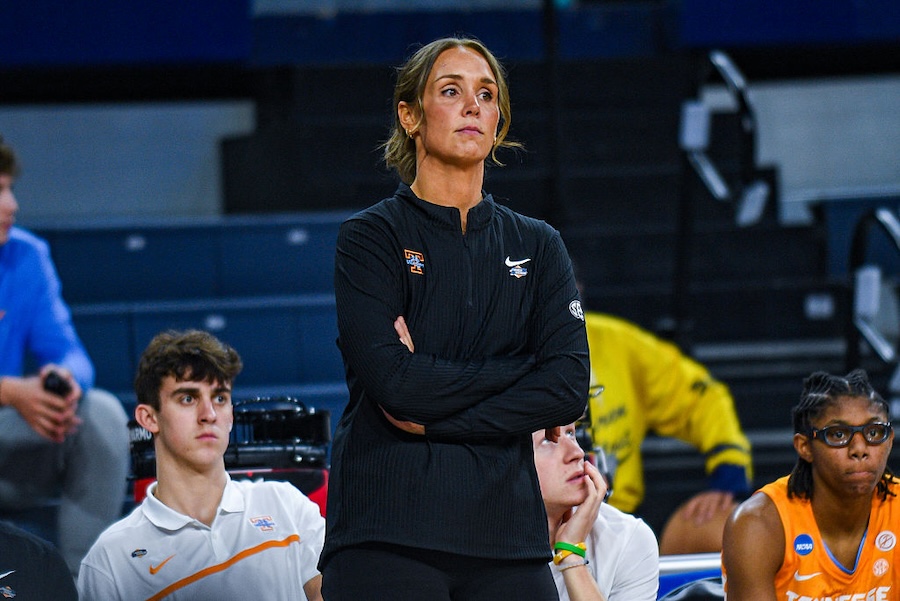 Head Basketball Coach Kim Caldwell of the Tennessee women's basketball looks on during the second half of the NCAA Women's Basketball Tournament first round game against the NC State Wolfpack at Crisler Arena on March 20, 2026 in Ann Arbor, Michigan ahead of the NCAA transfer portal.