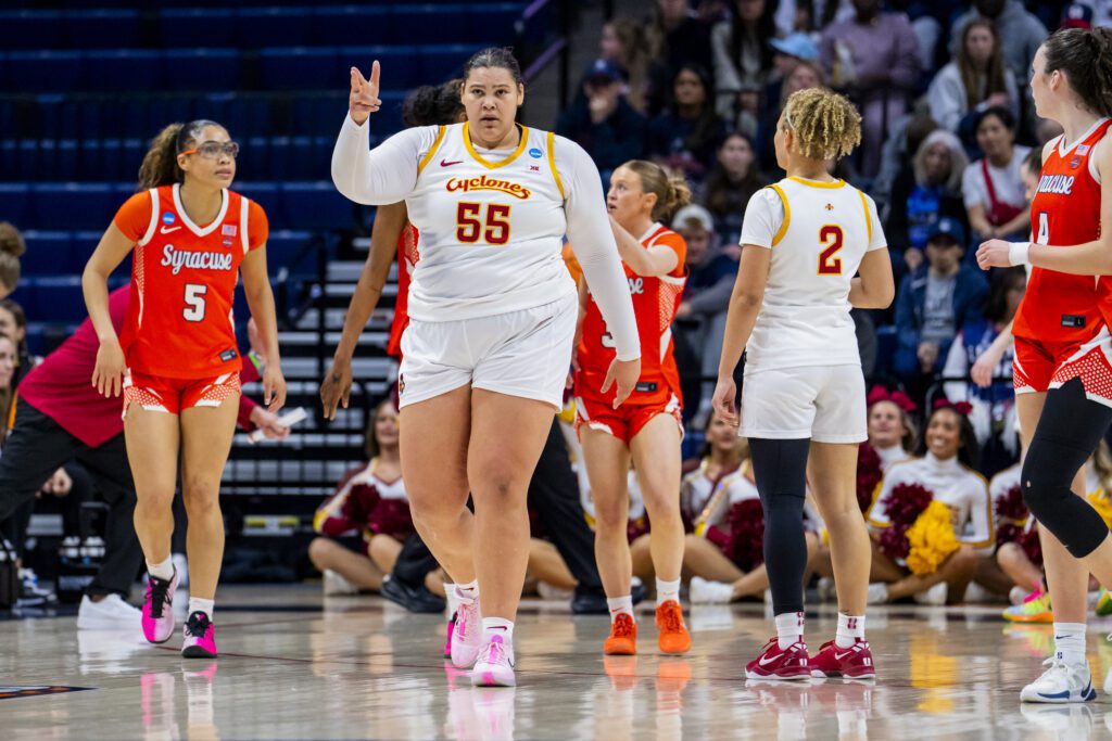 Audi Crooks #55 of the Iowa State Cyclones reacts during the first half in the first round of the 2026 NCAA Women's Basketball Tournament against the Syracuse Orange at Harry A. Gampel Pavilion on March 21, 2026 in Storrs, Connecticut.