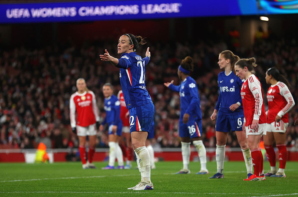 Lucy Bronze of Chelsea reacts during the UEFA Women's Champions League 2025/26 Quarter-finals First Leg match between Arsenal and Chelsea at Arsenal Stadium on March 24, 2026 in London, England.