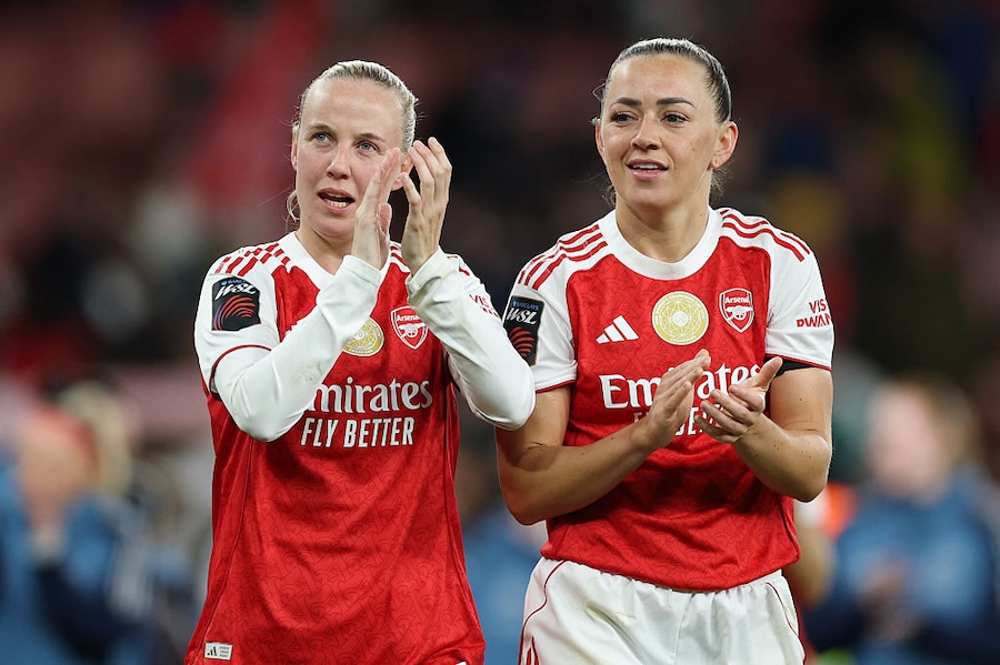 Manchester City prospects Beth Mead and Katie McCabe of Arsenal thank the supporters after the Barclays FA Women's Super League match between Arsenal and Tottenham Hotspur at the Emirates Stadium in London, United Kingdom, on March 28, 2026.