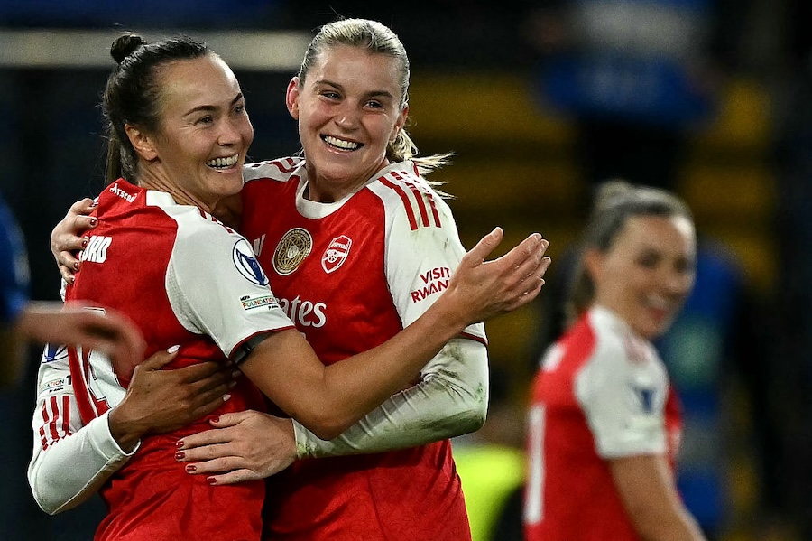 Arsenal's Australian striker #19 Caitlin Foord and Arsenal's English striker #23 Alessia Russo celebrate following the UEFA Women's Champions League Quarter Final second-leg football match between Chelsea and Arsenal at Stamford Bridge in London on April 1, 2026.