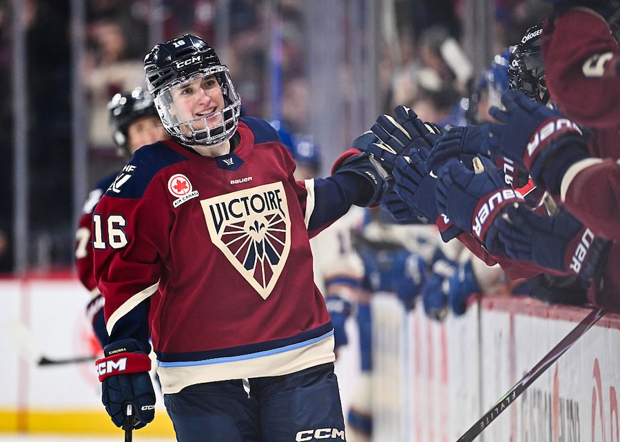 Hayley Scamurra #16 of the Montréal Victoire celebrates her empty net goal with teammates on the bench during the third period against the Vancouver Goldeneyes at Place Bell on April 1, 2026 in Laval, Quebec, Canada. The Montréal Victoire defeated the Vancouver Goldeneyes 3-0.