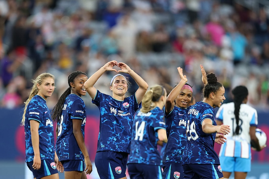 Lia Godfrey #22 of San Diego Wave FC celebrates after scoring the team's first goal during the NWSL match between San Diego Wave FC and Chicago Stars FC at Snapdragon Stadium on March 28, 2026 in San Diego, California.