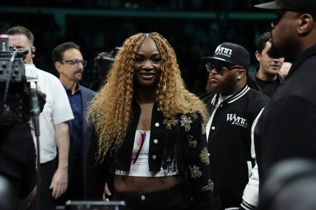 US boxer Claressa Shields in the ring after Lauren Price's welterweight title bout win against Stephanie Pineiro at the Utilita Arena Cardiff on Saturday April 4, 2026.