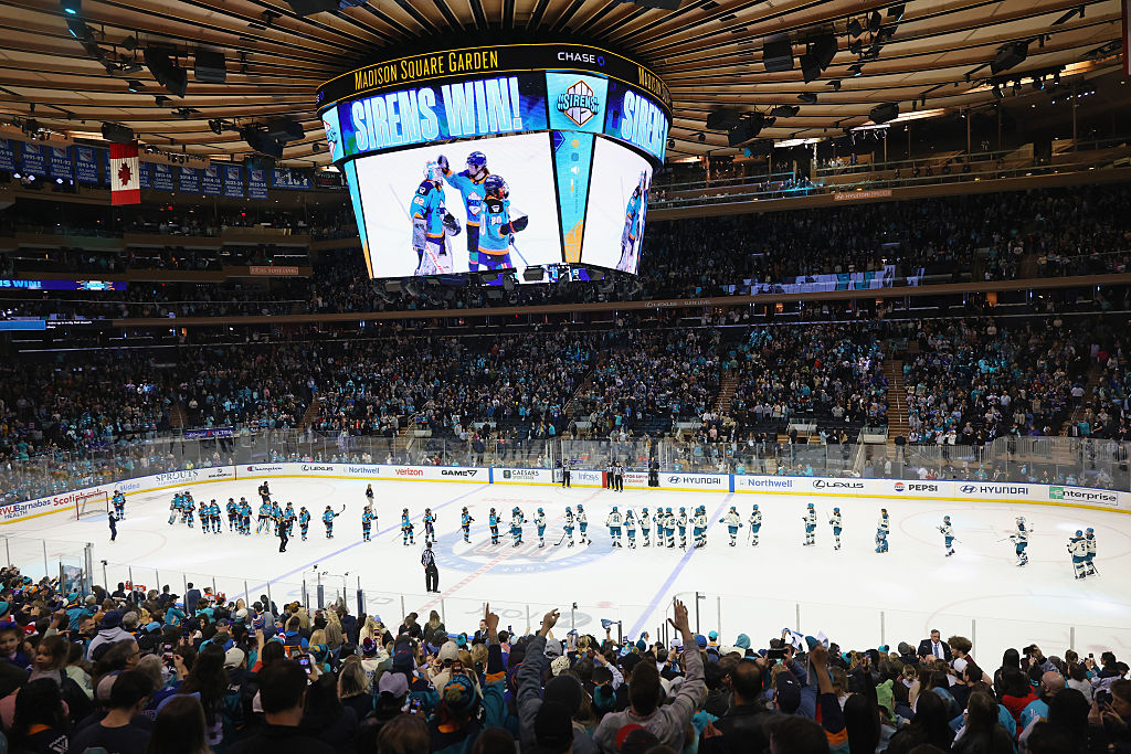 The New York Sirens and the Seattle Torrent shake hands following their PWHL game at Madison Square Garden on April 04, 2026 in New York City. The Sirens defeated the Torrent 2-1 in the shootout.