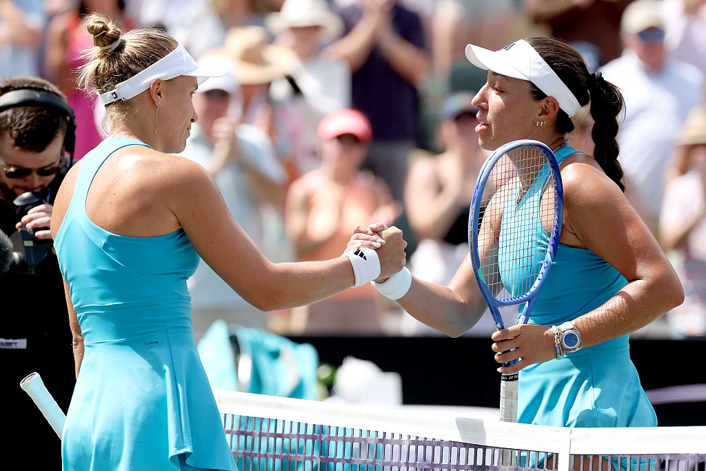 Yuliia Starodubstseva of Ukraine congratulates Jessica Pegula of the United States after their match during the Singles Final of the Credit One Charleston Open at Credit One Stadium on April 5, 2026 in Charleston, South Carolina.