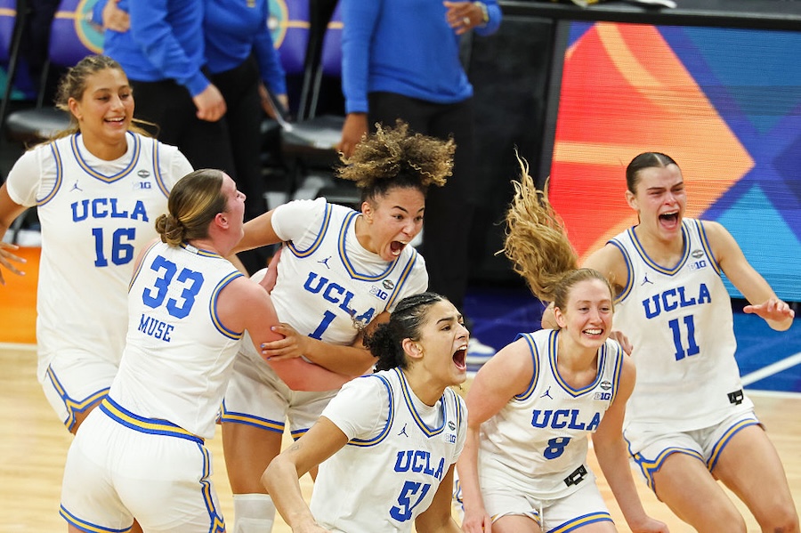 Women's March Madness stars Kiki Rice #1, Lauren Betts #51, Gianna Kneepkens #8, Sienna Betts #16, Amanda Muse #33, and Gabriela Jaquez #11 of the UCLA Bruins celebrate after the victory against the South Carolina Gamecocks in the National Championship of the NCAA Women's Basketball Tournament at Mortgage Matchup Center on April 05, 2026 in Phoenix, Arizona.