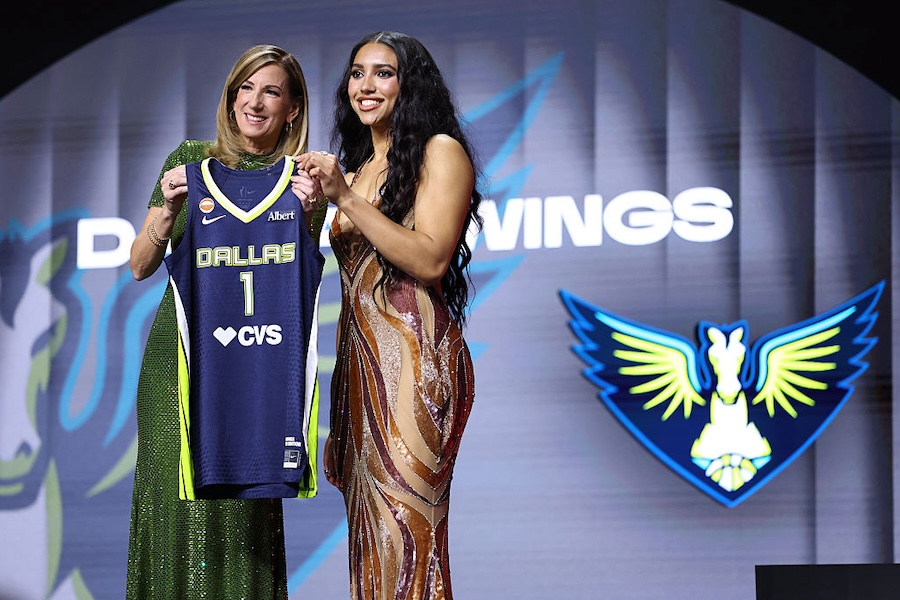 WNBA Commissioner Cathy Engelbert poses for a photo with Azzi Fudd after being drafted first overall by the Dallas Wings during the 2026 WNBA draft on April 13, 2026 at The Shed in New York, New York with ESPN viewership.