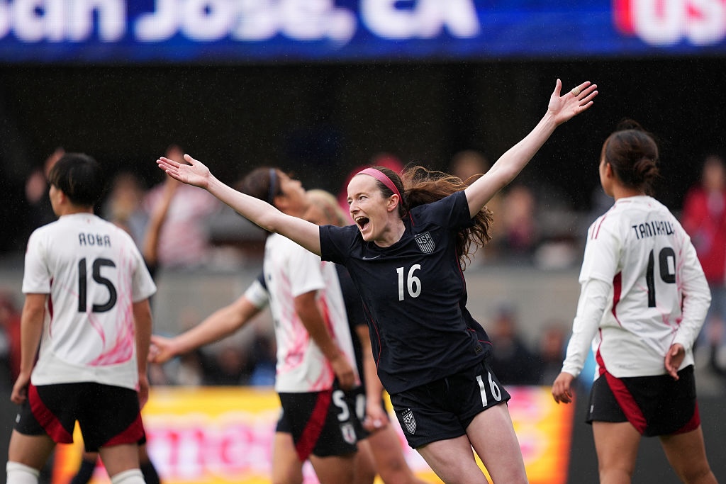 Rose Lavelle #16 of United States celebrates after scoring the team's first goal during the international friendly match between United States and Japan at PayPal Park on April 11, 2026 in San Jose, California.